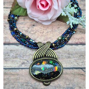 Chico's Multistrand Peacock Iridescent Bead Pendant Necklace Statement Whimsey
